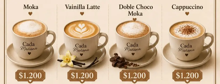 Cafés de especialidad: Moka, Vainilla Latte, Doble Choco Moka y Cappuccino