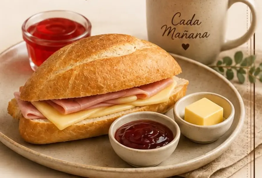 Desayuno Clásico: sándwich de jamón y queso en marraqueta con café