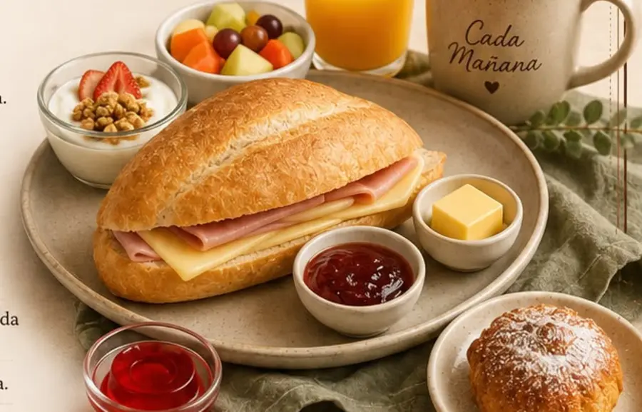 Desayuno Plus: sándwich, fruta, yogur, jugo natural y repostería