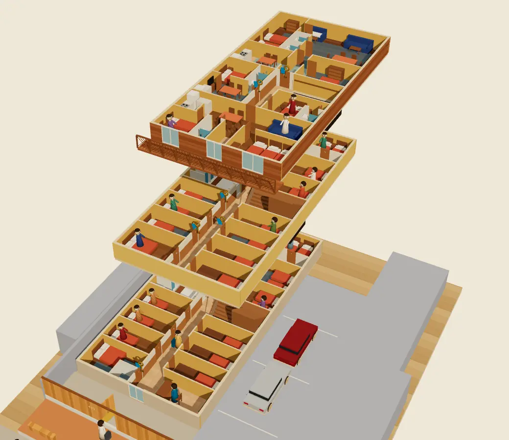 Captura de la maqueta 3D del hostal: los tres pisos abiertos como cajones